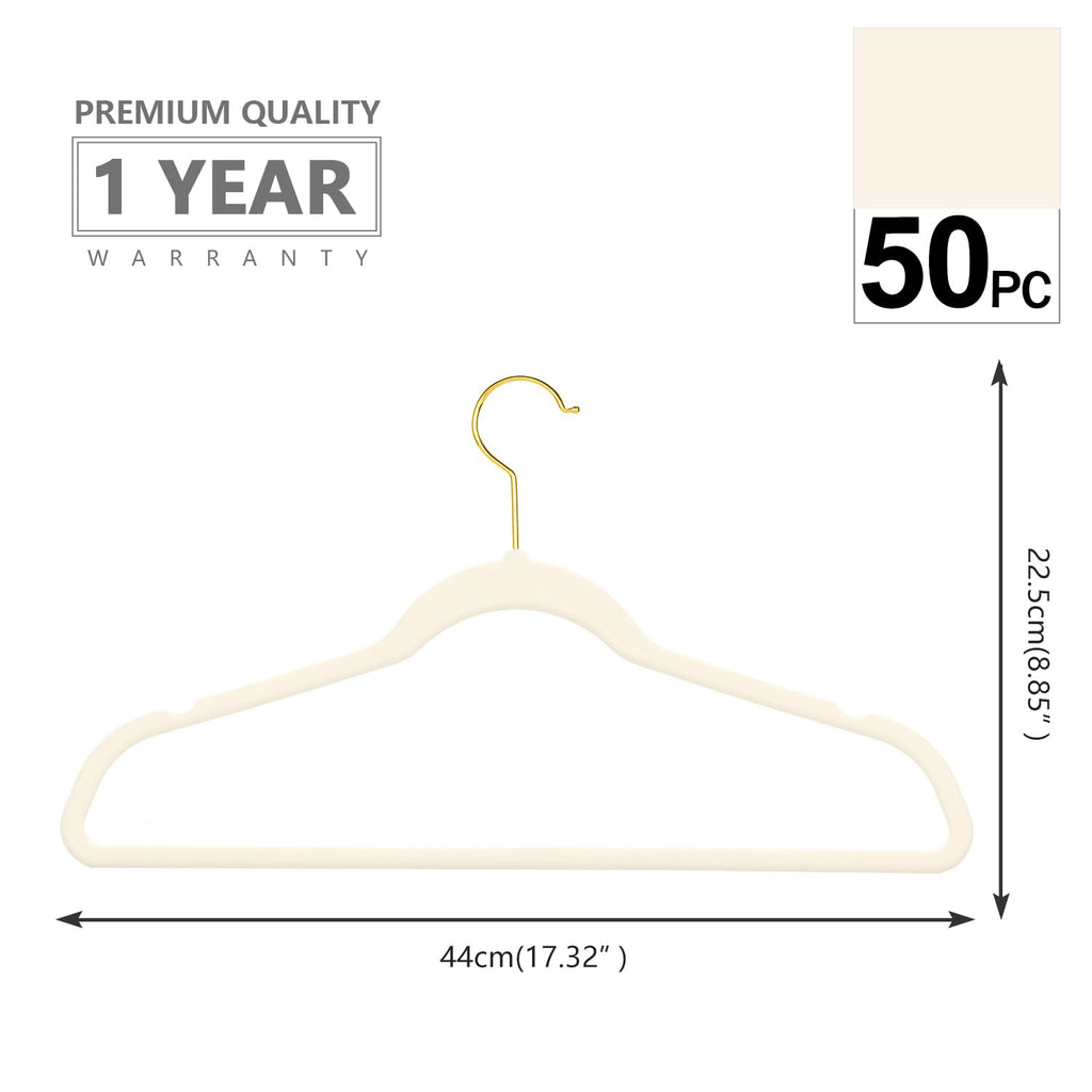 Premium Velvet Hangers Pack 50 Pcs Heavyduty - Non Slip Slimline - Velvet Suit Hangers Ivory - Gold Hooks, Space