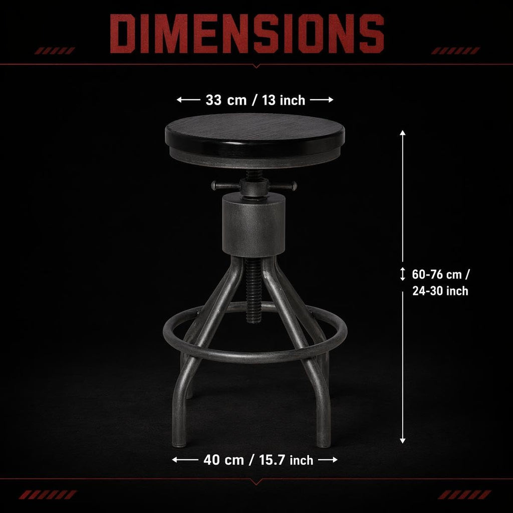 Set 2 Industrial Bar Stool-Vintage Adjustable Round Wood Metal Swivel Stools-23-30 Inch Tall Counter Bar Height