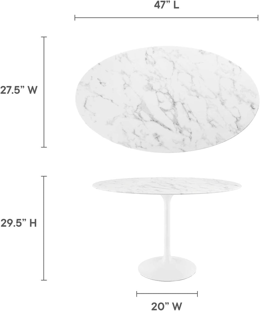Inspired Tulip Style Oval Pedestal Dining Table — White Base / Marble Top, 48″ Oval