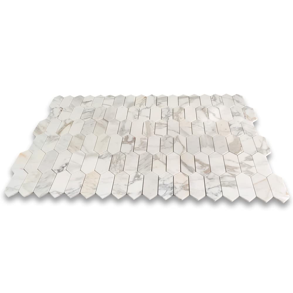 Calacatta Gold Marble 2x6 Picket Fence Elongated Hexagon Mosaic Tile Honed Kitchen Bath Wall Floor Backsplash Shower