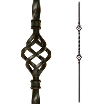 Stair Parts - Double Basket Wrought Iron Balusters (Contractor Pack-10) 1/2" sq. x 44", Metal Balusters (Real Satin