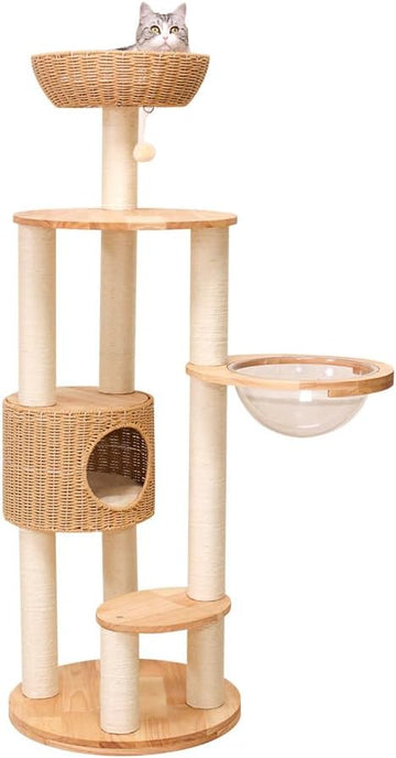 57.5" Wood Cat Tree for Large Cats with Woven Condo & Acrylic Bowl