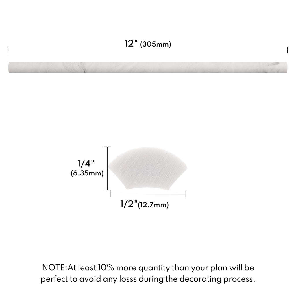 Faux Marble Pencil Liner Trim, 1/2" x 12" Quarter Round Edge Molding Bathroom Shower, 10-Pack