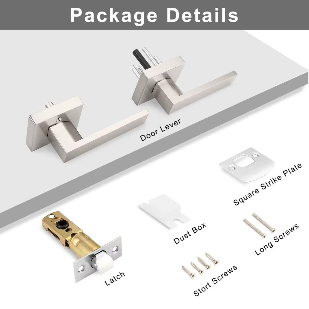 3 Pack Brushed Nickel Interior Door Handles, Non-Locking Passage Lever Door Handle, Square Heavy Duty Door Levers for