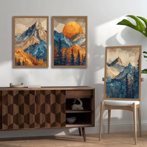 Mountain Wall Art Set of 3 Framed, Abstract Landscape Canvas Print Rainbow Mountain 16x24 Inches