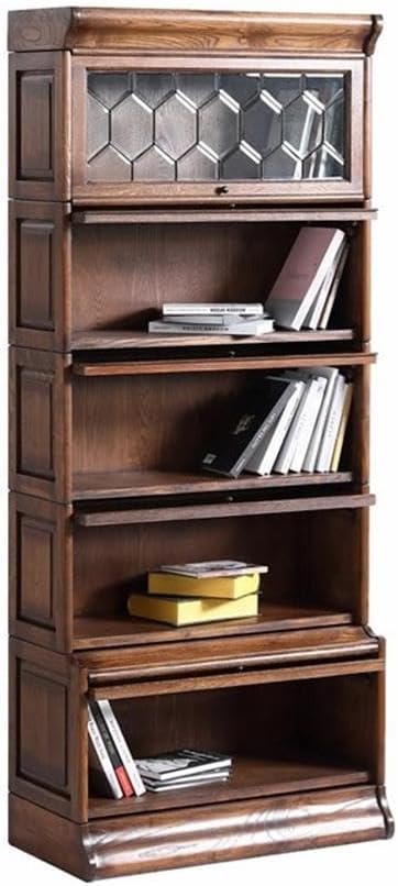 Traditional 5-Stacks Wood Barrister Bookcase, Walnut Finish, 78" H x 33" W x 16" D, Leaded Glass Top, Medium Brown