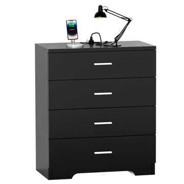 Dresser with Power Outlets Wooden 4 Drawer Dresser with USB and Type C Port Chest of Drawers Tall Black Organizer
