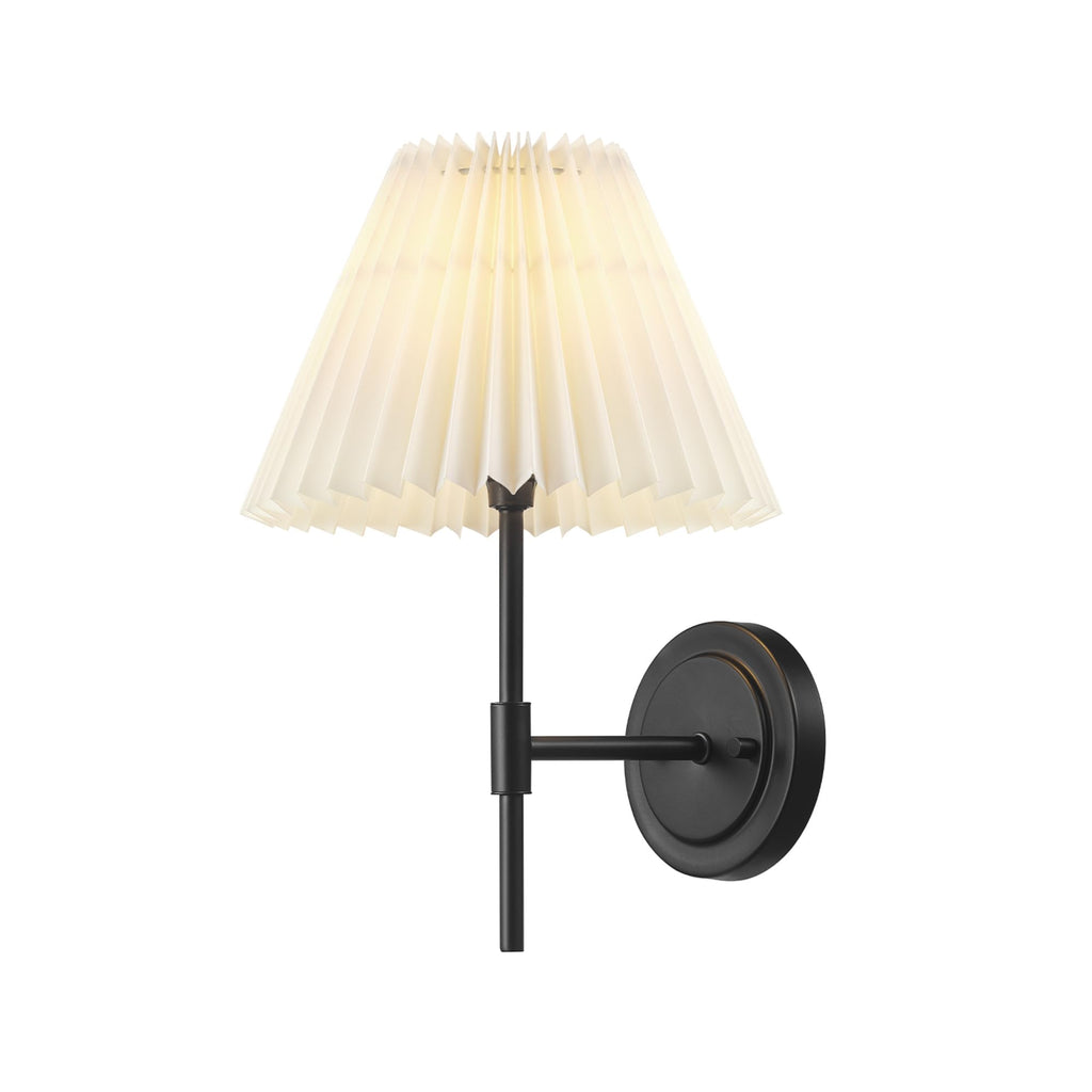 Wall Sconce, Matte Black, White Pleated Fabric Shade, E12 Base Socket, Candelabra Bulb, Living Room Lighting