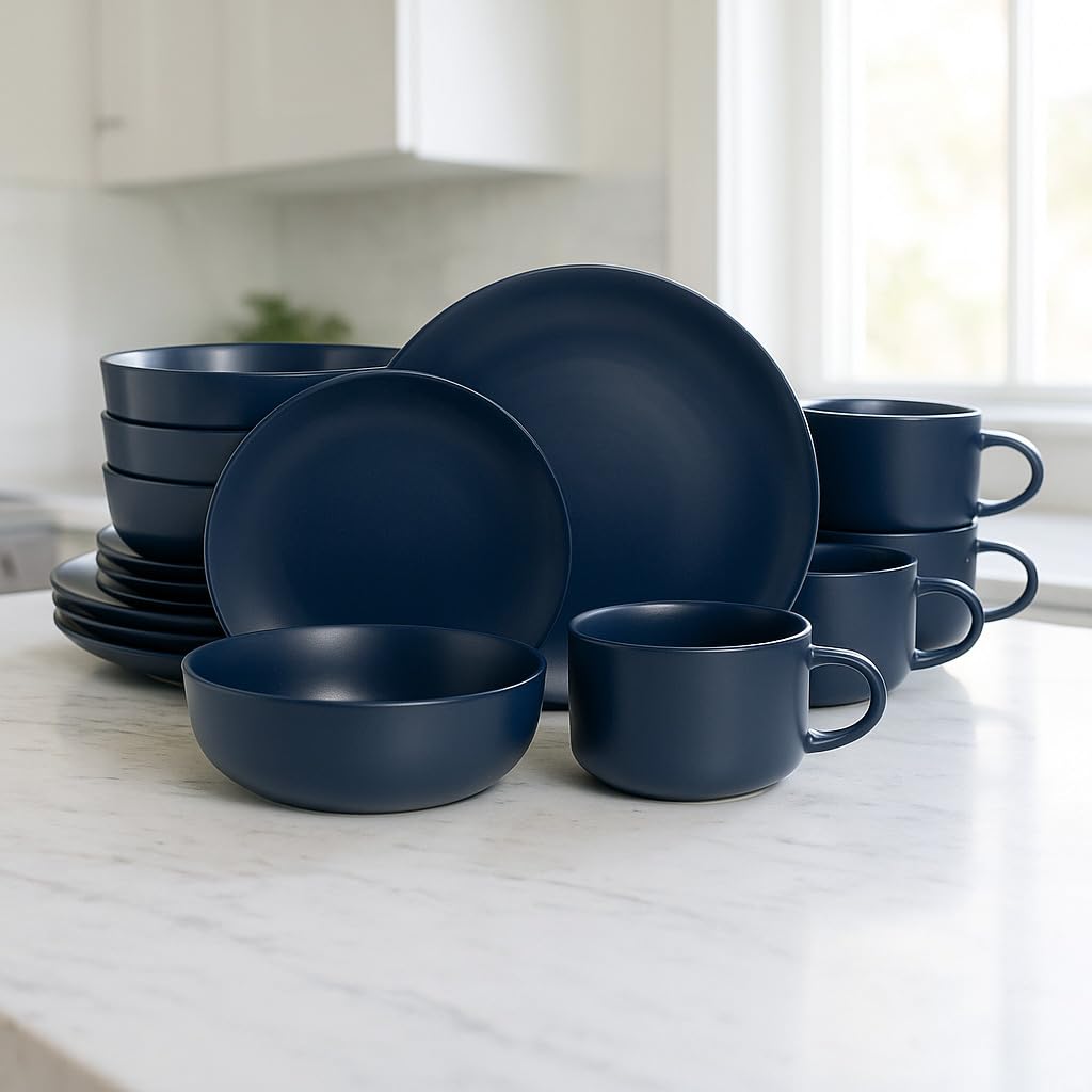 Wazee Matte Coupe Dinnerware Set, 16 pc, Midnight Blue