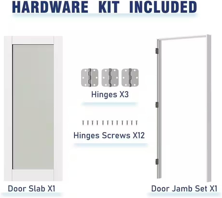 30" x 80" Pantry Door with Prehung Door Jamb, Right-Handed Interior Door, 1-Lite Frosted Glass, White MDF with Hardware Kit