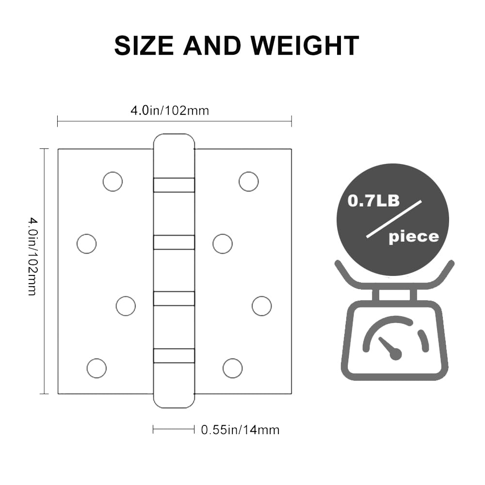 3 Pack Stainless Steel 4'' Door Hinges for Exterior & Interior Doors, 4in x 4in Heavy-Duty Ball Bearing Door Hinges