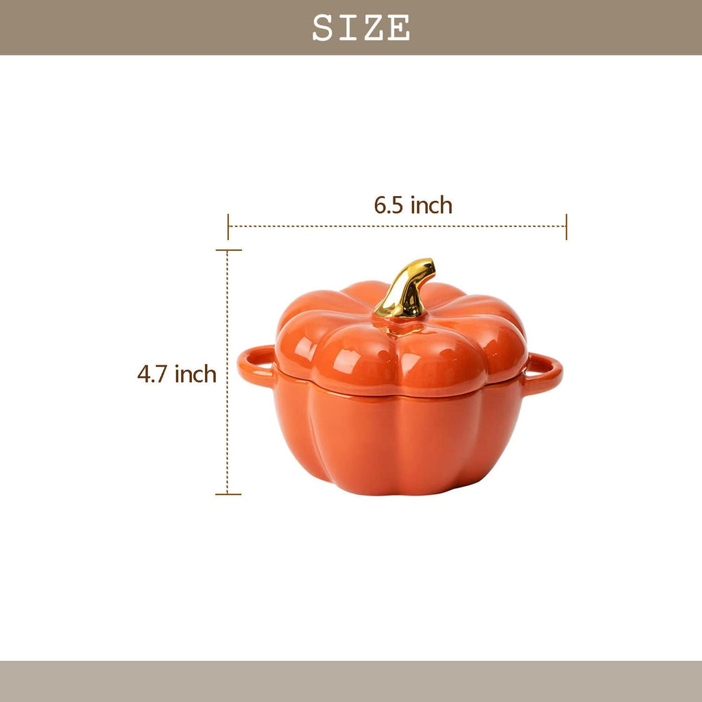 Pumpkin Bowl Set with Lid and Handle, Set of 2 Ceramic Ramekins for Baking, Casserole Dish Individual Severing Pot