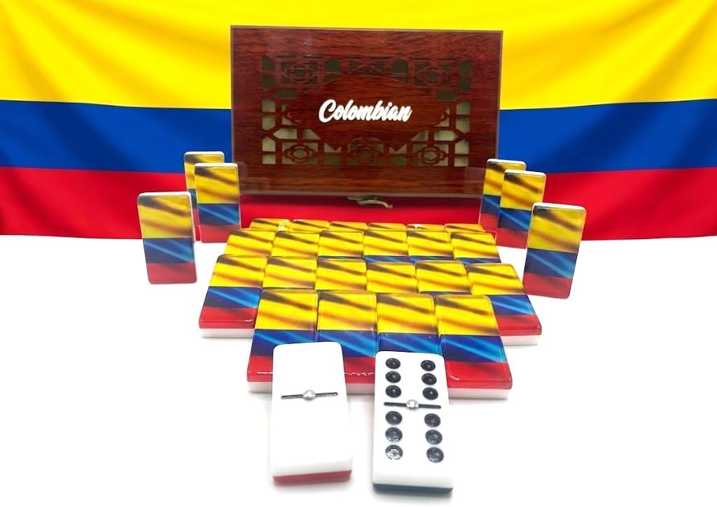 Colombian Premium Edition Dominoes Set Deluxe - Double Six Domino Tiles with Colombia Flag Design - Resin & Clear Top
