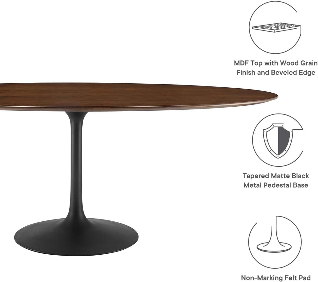 Inspired Tulip Style Oval Pedestal Dining Table — Black Base / Walnut Top, 78″ Oval