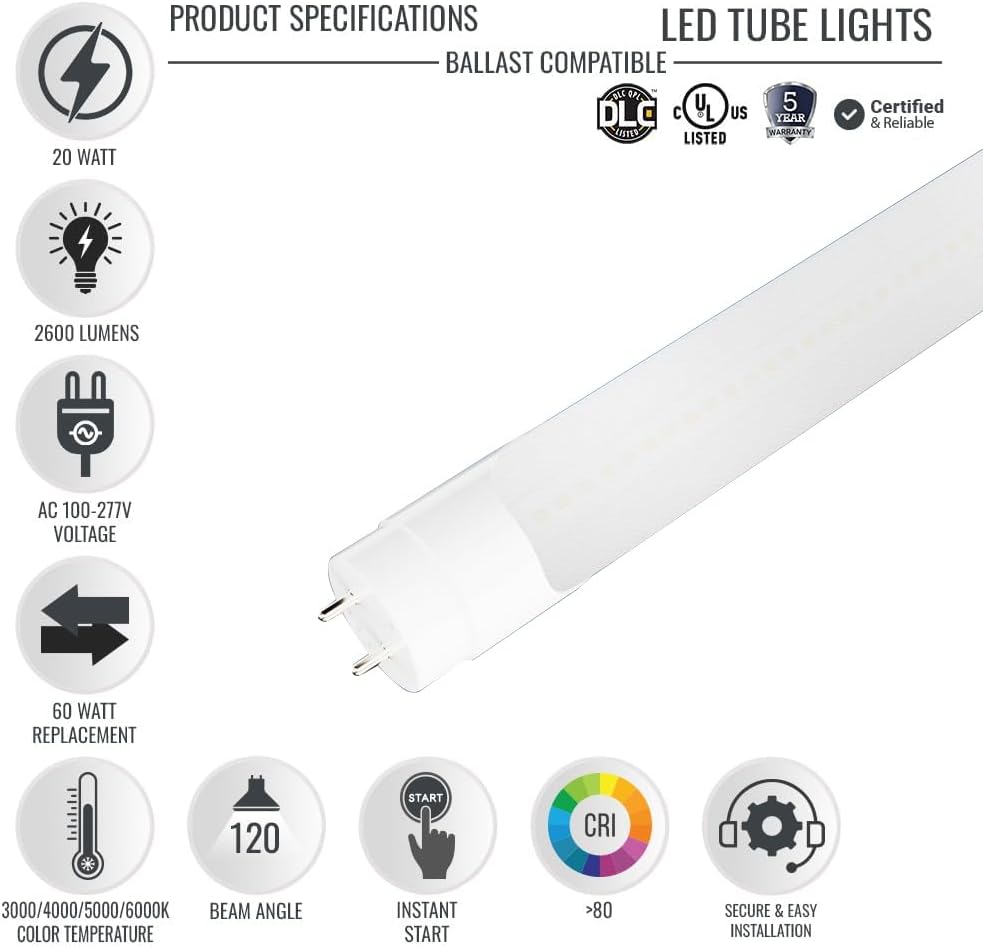 LEDMyplace Hybrid T8 4ft LED Tube/Bulb, 22W/18W/15W/12W Adjustable, 3000K/4000K/5000K/6500K CCT Changeable, G13