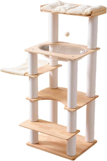 Modern Natural Wooden Wood Cat Tree Tower Condo, Extra Large Top Platform Perch, 57" Tall, Big Clear Capsule Bowl