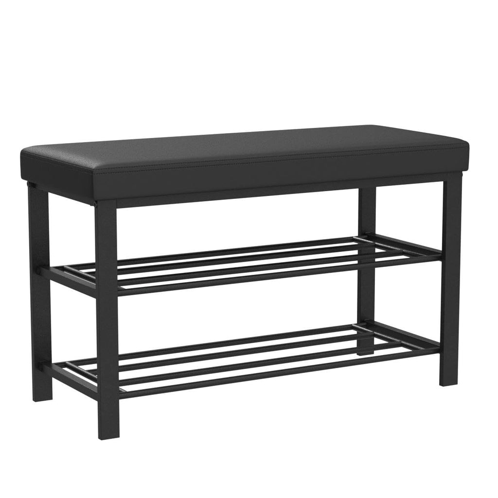 Entryway Shoe Rack with Cushioned Seat, Shoe Bench for Entry, 2 Shelves Storage Bench w/Faux Leather Top Bed Bench