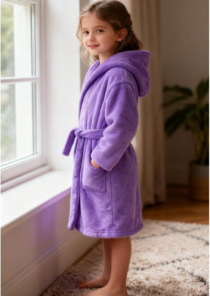 Kids Bathrobe Hooded Plush Fleece Robe for Girls Boys