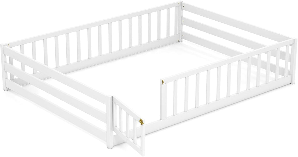 Full Size Wood Floor Bed with Door & Fence, Montessori Bed Frame with Full Length Safety Guardrails, Door & Latch
