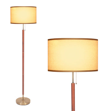 Mid-Century Modern Floor Lamp, Walnut Wood Finish, Drum Shade, Living Room Décor (64in, E26 LED)
