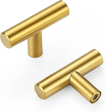 10 Pack Gold Cabinet Knobs 2 Inch - Brushed Brass Drawer Knobs Single Hole Gold T Bar Hardware Drawer Pulls Cabinets