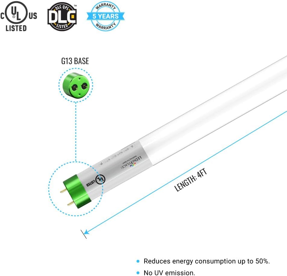 LEDMyplace 4ft LED 18W Glass Tube Light Bulb, 4000K Cool White, 1800 Lumens, Clear Lens, Replace 50W, UL DLC Listed