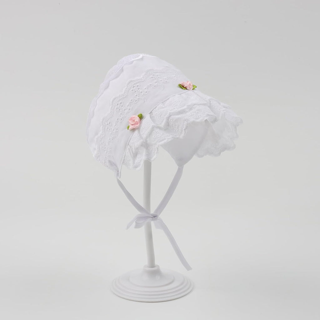 Baby Girls 100% Cotton Bonnet Infant Soft Double Layer Sun Hat Lace Embroidery Floral Cap with Chin Strap