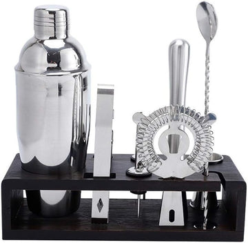 Set Stainless Steel Cocktail Shaker Mixer Drink Bartender Browser Kit Bars Tools with Wine Rack Stand - Set of 10