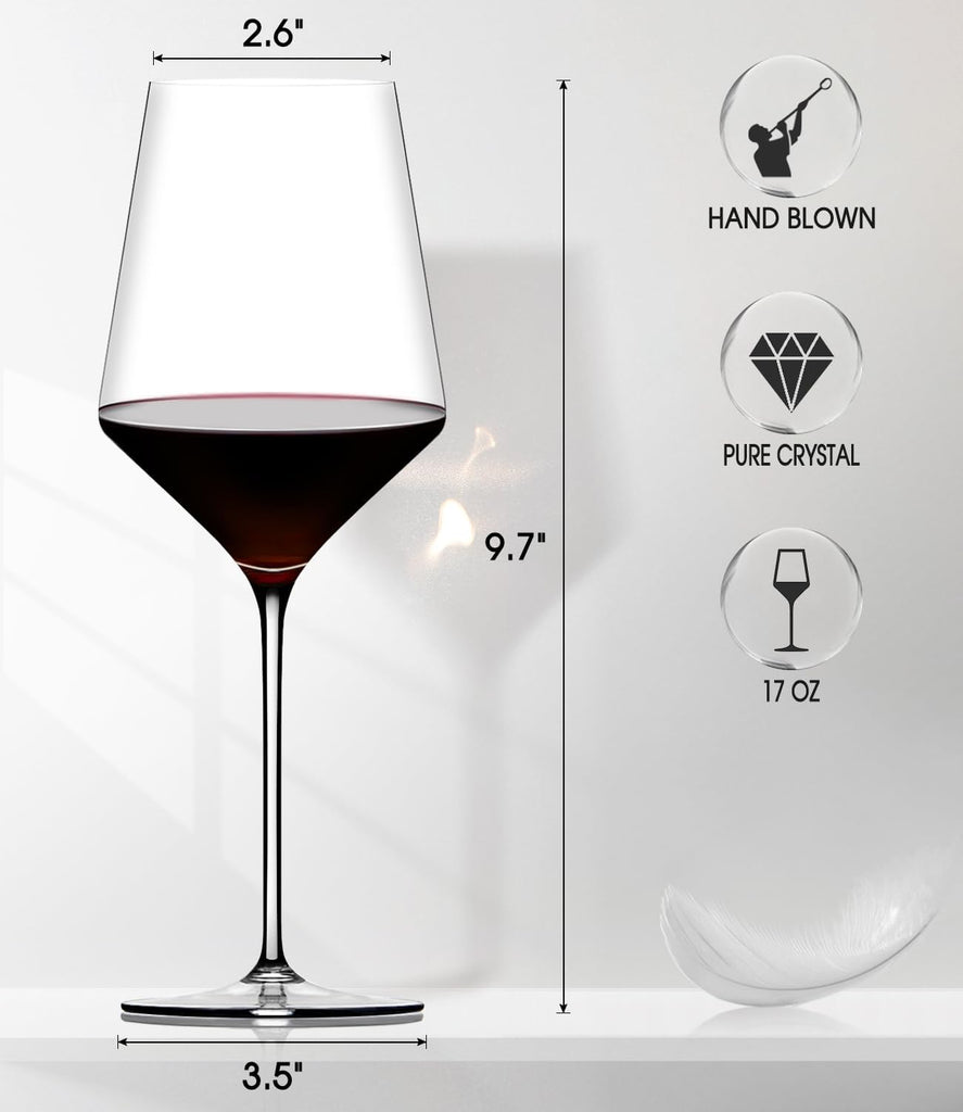 Red Wine Glasses Set of 6, Premium Crystal Wine Glasses Hand Blown, 17 oz, Long Stem, Thin Rim, Perfect for Daily