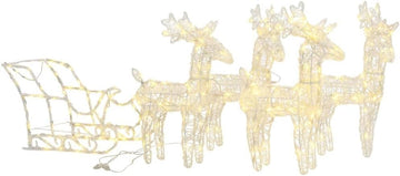 Acrylic Christmas Reindeers & Sleigh Decoration, Warm White LED Lights, Weatherproof PVC/Steel Frame, Pre-Lit
