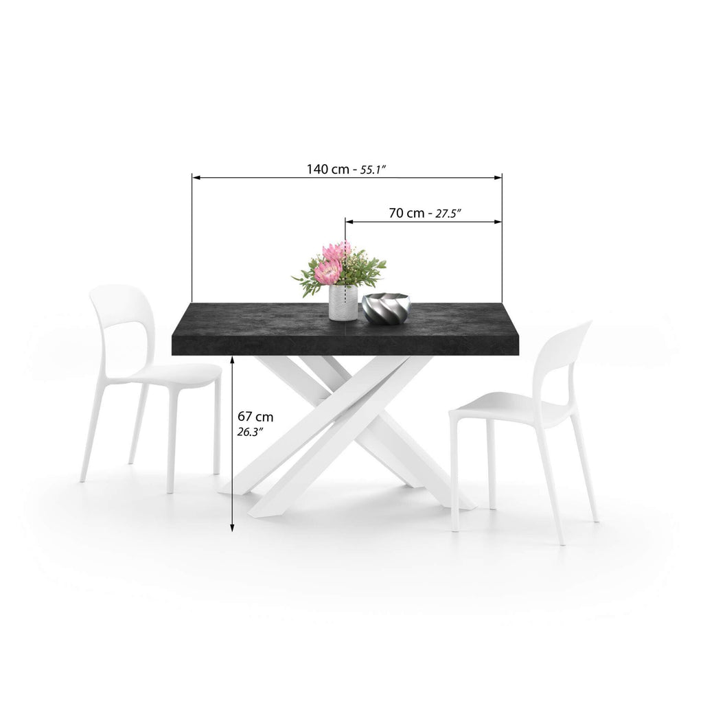 Emma 55.11(86.6) x35.4 in, Extendable Dining Table, Concrete Effect, Black with White Crossed Legs, Made in Italy