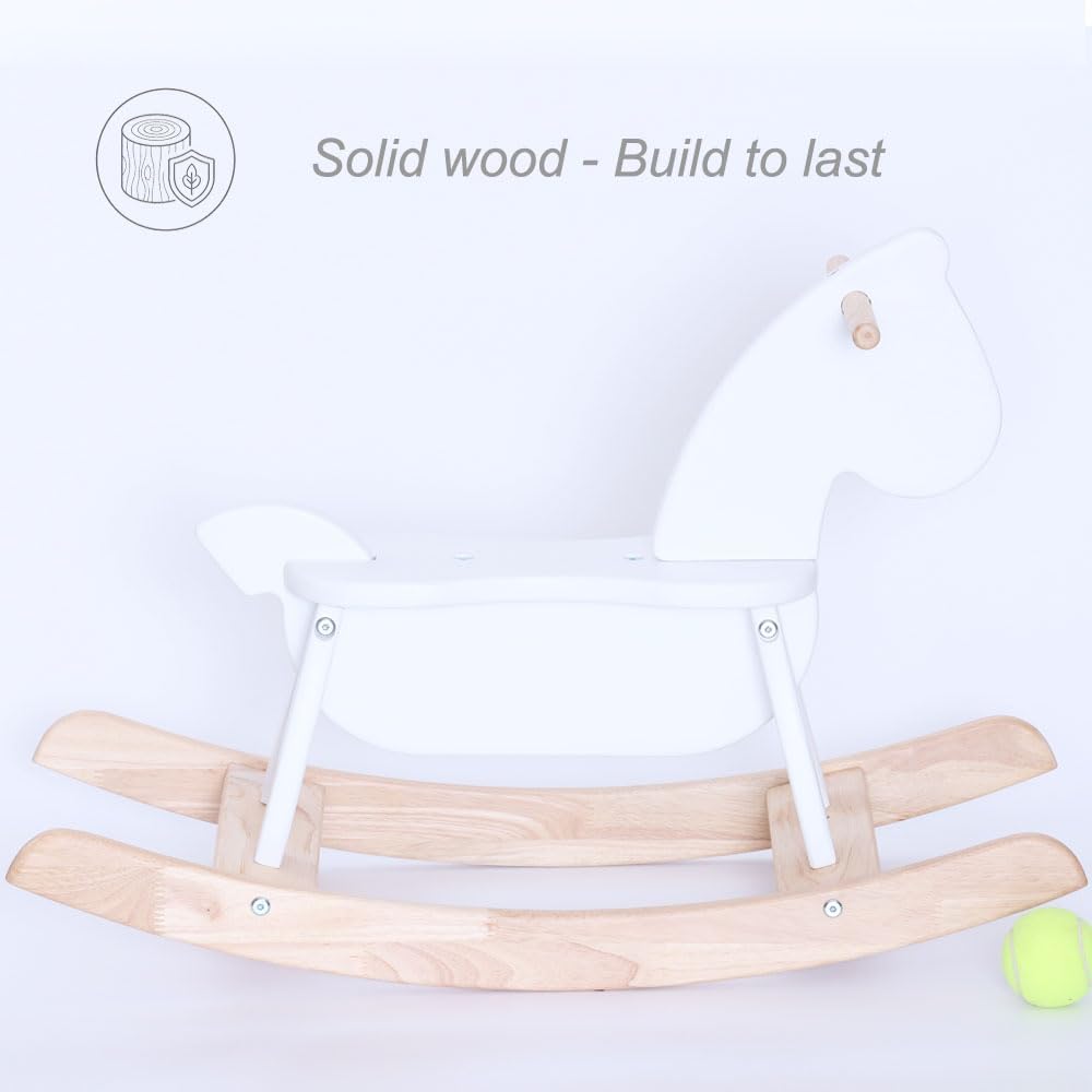 White Wooden Rocking Horse Funny for Toddlers (Ages 2-4) - Solid Rubber Wood, Smooth Surface for Creative Decoration