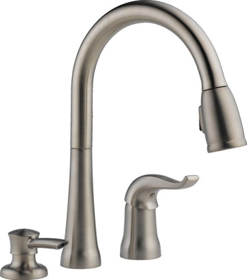 Kate Brushed Nickel Kitchen Faucet with Pull Down Sprayer and Soap Disperser, Modern Two Hole Kitchen Sink Faucet