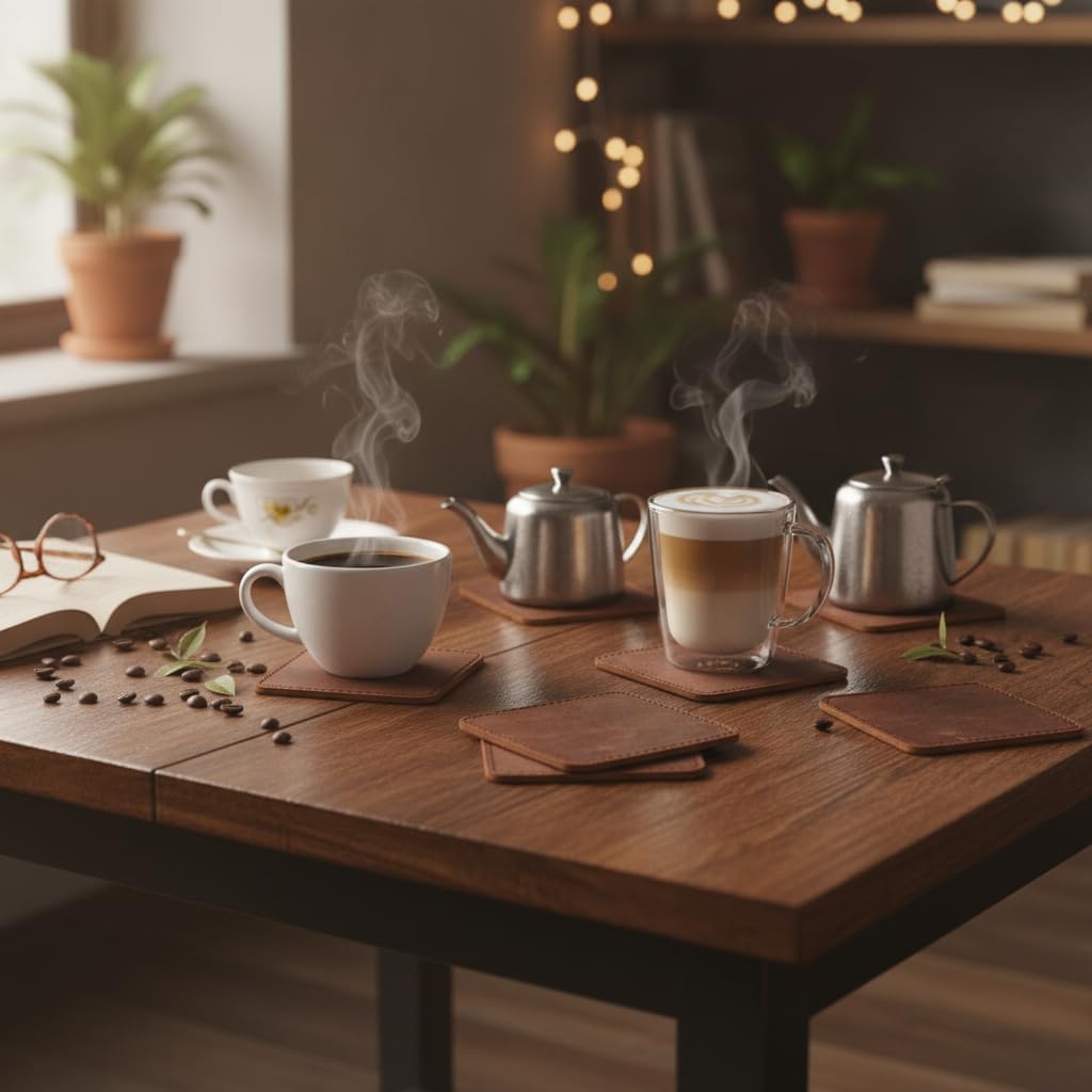 Coaster (3.5 inch) Geniune Leather Tea Coasters for Hot Water, Coffee, Beverage Beer Tea Cup Wine Luxarious - Set of 6