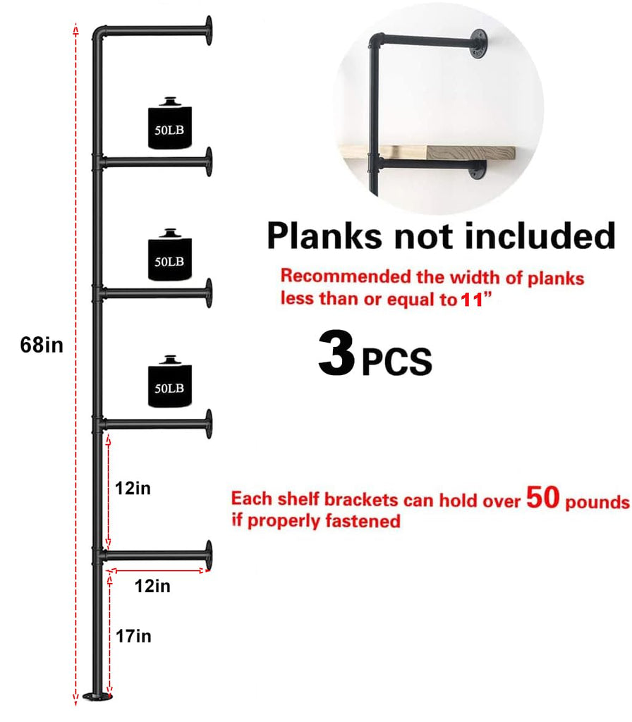 Industrial Pipe Shelves, 3-Set 5-Tier 68" Tall, 12" Depth, DIY Open Bookshelf Bookcase, Wall Mount Vintage Retro