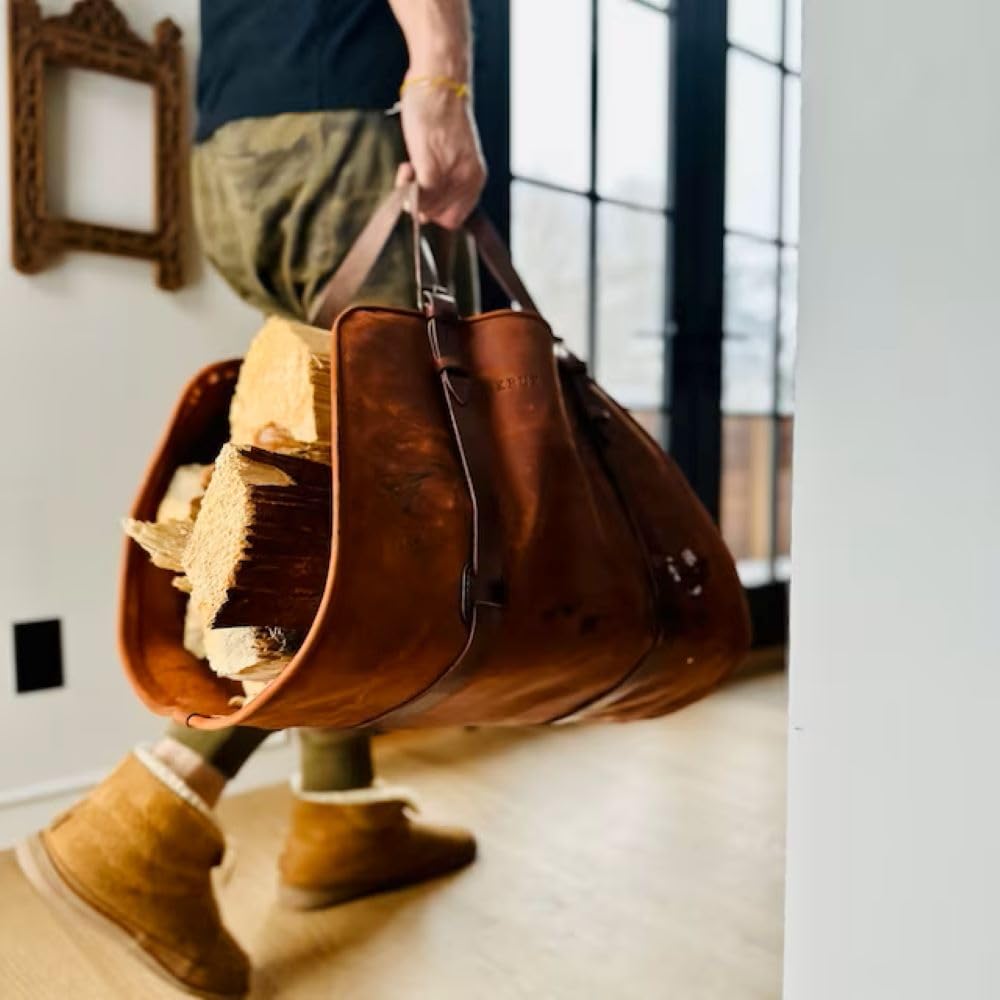 Leather Firewood Carrier, Cabin Wood Log Carrier, Large Log Tote Bag for Fireplace, Campfire, or Outdoor Fire Pit