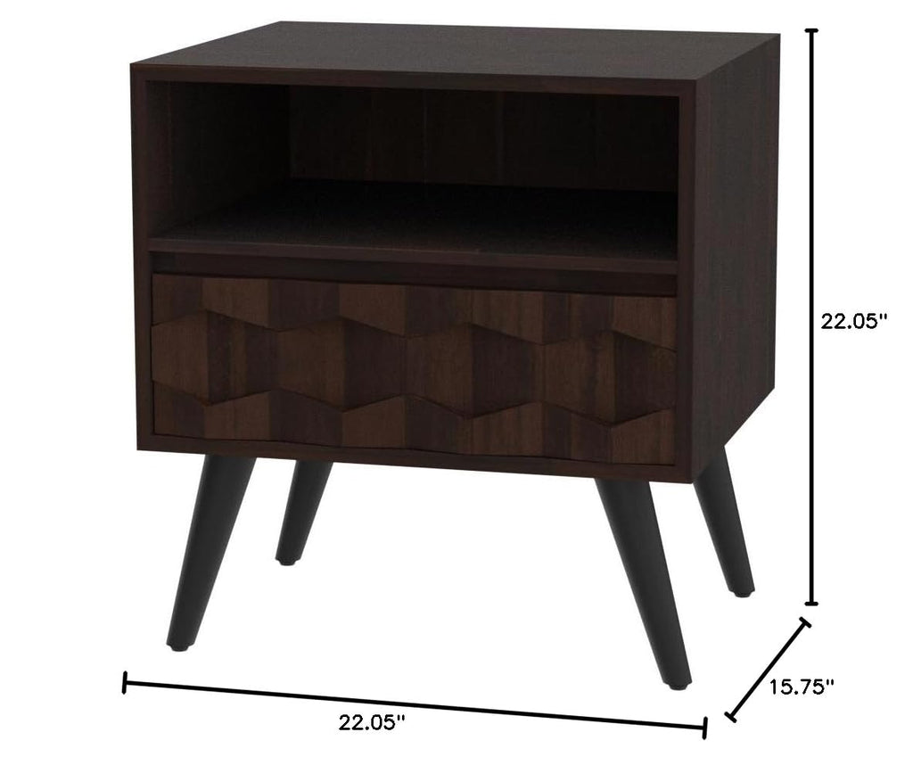 Georgina Wood Nightstand, 1 Drawer & Open Shelf, Mid Century, Walnut