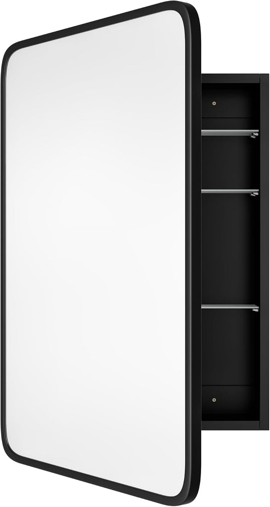 Medicine Cabinet with Black Metal Frame Mirror, Overall 17.5"x29" | Bathroom Wood Wall Cabinet with Mirror, 16.1"x24"