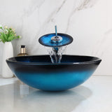 Bathroom Tempered Glass Vessel Sink Black & Blue Round Wash Basin Bowl Waterfall Mixer Chrome Brass Faucets Pop-up
