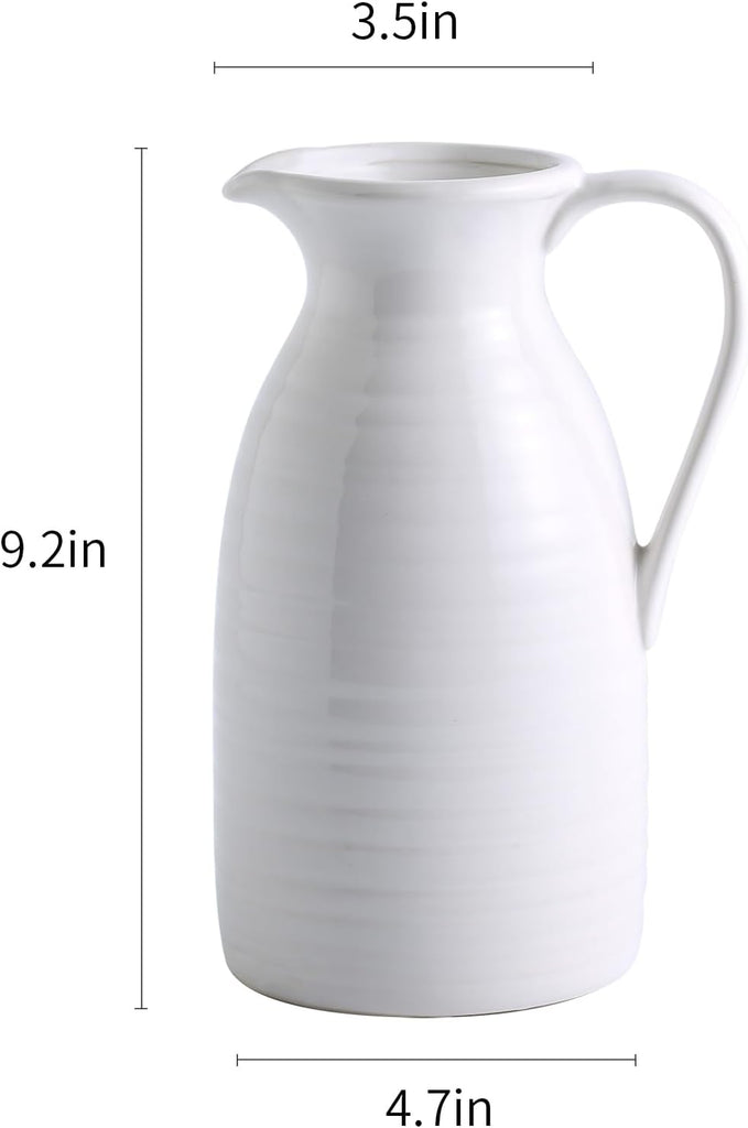 Farmhouse Pitcher Vase for Flowers- Ceramic Pitcher White Flower Vase for Your Kitchen/Home