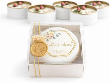 Wedding Candle Favor Set with Gift Box - Personalized Soy Wax Candles with Gold Seal & Gold String, Dried Flowers - Set of 10
