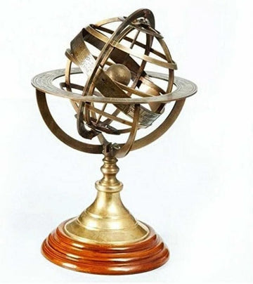 Antique Brass Armillary Sphere with Wooden Base | Vintage Engraved Globe Tabletop Decor | Classic Astronomical Sphere