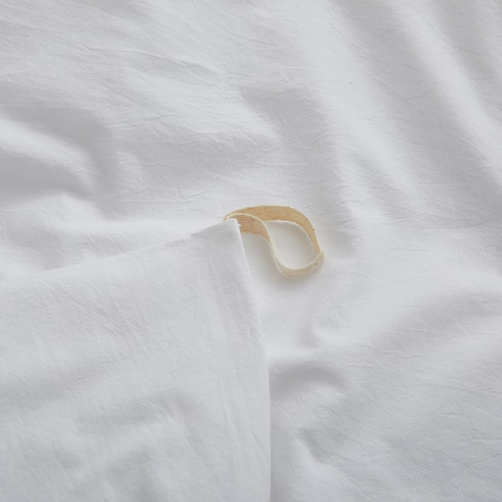 100% Washed Cotton Duvet Cover Queen, White Linen Like Breathable Natural Bedding Set (No Comforter), 90x90 Inches
