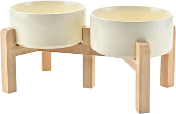 Elevated Dog Bowls Ceramic, 6.1'' Dogs and Cat Food Water Bowls Raised with Non-Slip Bamboo Stand for Medium Sized
