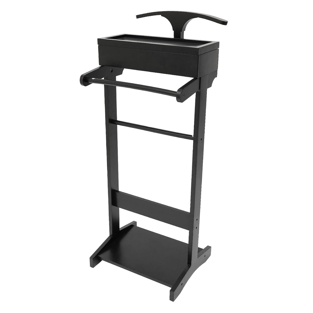 Wood Men Valet Stand Multifunction Clothes Valet Floorstanding Suit Stand Rack with Drawer & Shoe Rack Use (Black)