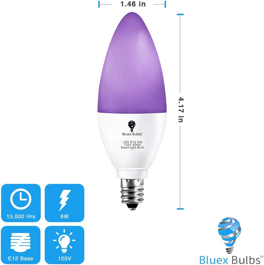 2 Pack LED Black Light Bulb, 6W E12 Candle Blacklight Bulb Level 385-400nm, Body Paint, Glow in The Dark Party E12