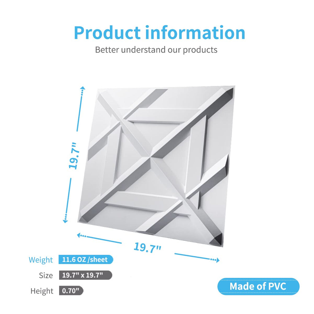 Decorativ PVC Glue-Up 3D Wall Panel, 19.7 x 19.7 in, 12-Pack, White