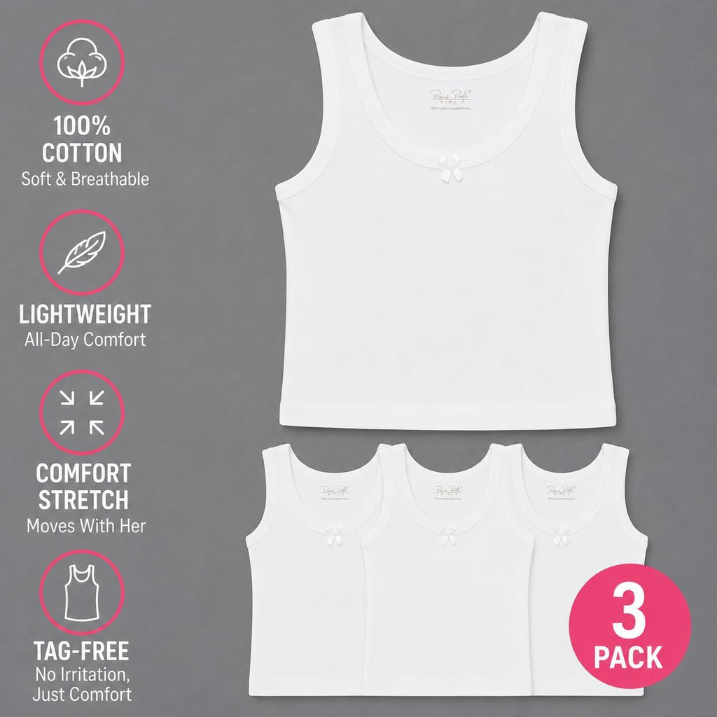 Girls Tank Tops 3 Pack 100% Cotton Scoop Neck Sleeveless