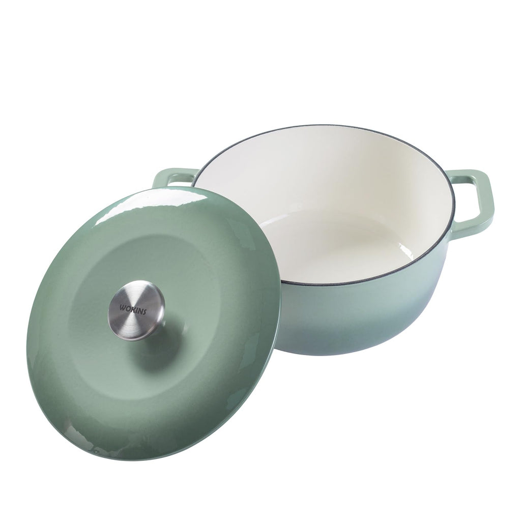 7QT Enameled Cast Iron Dutch Oven,Concave Self-Basting Lid,Green