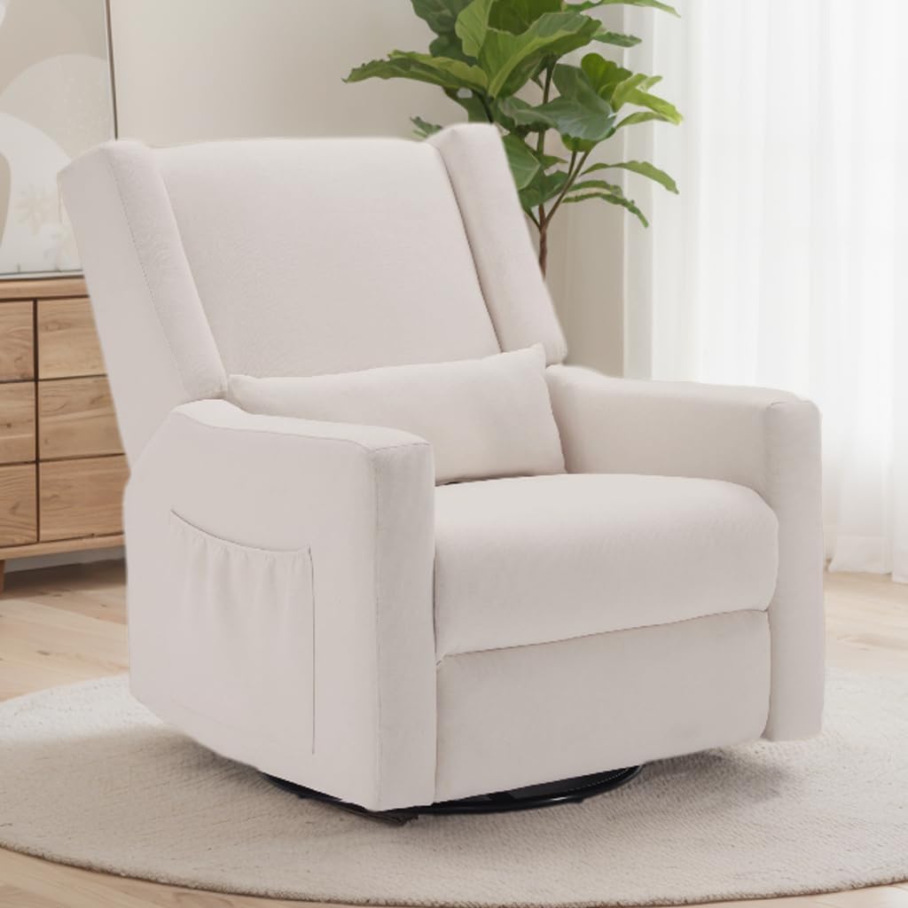 32" Nursery Rocking Chair, 360° Swivel Recliner Chair with Lumbar Support , Comfy Upholstered Armchair with Pillows &